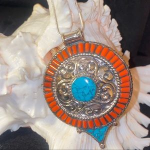 Huge Tibetan Turquoise + Red Coral handcrafted Pendant